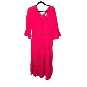 Vintage‎ 80s Nieman Marcus Hot Pink Mexican Wedding Maxi Dress Boho XL Lace Bell